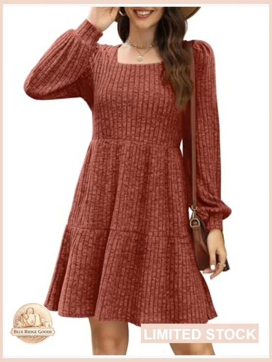 Square Neck Babydoll Sweater Dress Long Sleeve Flowy Casual Fall Fashion - Picture 3 of 7